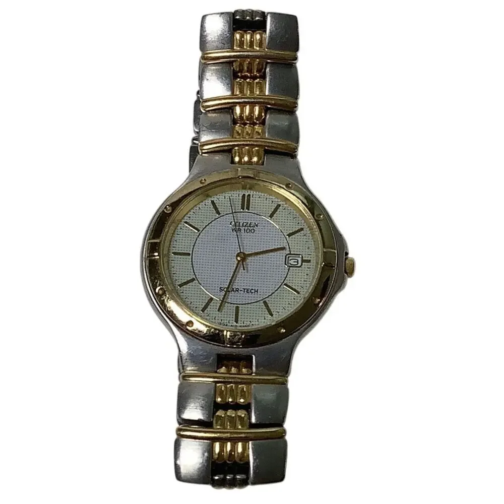 Citizen Mens Eco Drive Two Tone Gold Silver Date Solar Tech Watch Vintage F16-35